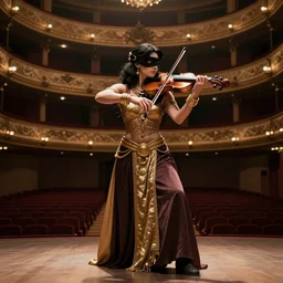 craig mullins and ghibli digital art of on the stage of the theater, a masked female violinist performs solo, dressed in exotic costumes, gold jewelry, and black hair realistic shading, cinematic composition, realistic render, octane render, detailed textures, photorealistic, wide shot