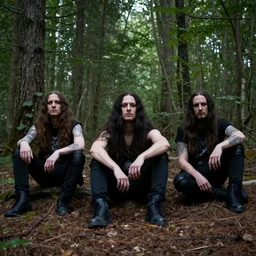 members of a black metal band sitting on the ground in a forest