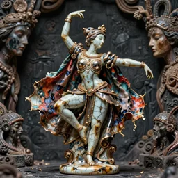 denoised stained cracked porcelain of wired matte sacred old dancing ballet queen, sculpture with metallic polished intricated surface, dressed with a colorful torn silk cloak and gold ornaments, made by antonio corradini, and dug stanat macabre art, dark surrealism, volumetric light, depth of field, hipa awards photography, texturized, detailed, venezian carnival, high graphics 8