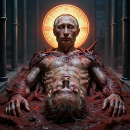 corpse of dead putin, hell, prison, justice, hyper - realistic, sharp focus, depth of field, hyper - detailed visionary art, symmetric, hell, holy halo, dramatic ambient lighting, high detail, vibrant colors, the thing 1 9 8 2