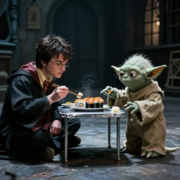 Harry potter film, a scene where Harry Potter and Master Yoda are eating in U.S. Prison, Sushi is placed on a small aluminum table placed in the center, Dark cinematic color tones.