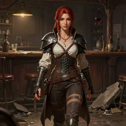character portrait of a female lavellan from dragon age walking through a destroyed dive bar wearing inquisitor clothes, with a realistically proportioned face, realistically rendered face, enhance face, 3 d model, 3 d character model, illustration, digital painting, realistic lighting, photorealistic eyes, good value control, realistic shading, substance painter