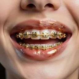 a close up of a person's mouth with golden braces, an album cover by dr. atl, pinterest contest winner, hyperrealism, made of liquid metal, hyper realism, fractalism
