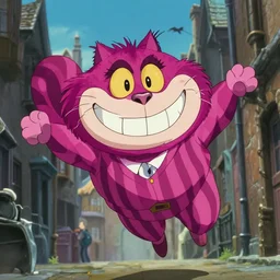 film still of the cheshire cat from wonderland as a man in a stripey suit with a large grin, floating laily in the air in a victorian back street, sharp closeup finely detailed face features, yandere grimdark, pixiv, by makoto shinkai, takashi takeuchi, studio ghibli, akihiko yoshida,