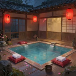 painting of private empty onsen next to japanese inn with levitating red lanterns and petals by greg rutkowski craig mullins ross tran cushions towels buckets zen garden flowers japanese motifs concept art clear focus fantasy d & d cinematic lighting unreal engine lumen reflections trending on artstation