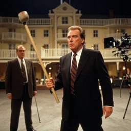 photoreal cinematography of jack torrance played by jack nicholson from stanley kubrick's film the shining, wielding a croquet mallet inside the elstree studios soundstage set for the overlook hotel shot on 3 5 mm eastman 5 2 4 7 film by the shining cinematographer john alcott shot on a cooke panchro 1 8 mm lens