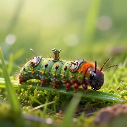 caterpillar scientist, grass, macro, steampunk, nature, morning light, vibrant, artstation, highly detailed, masterpiece, art by jan urschel