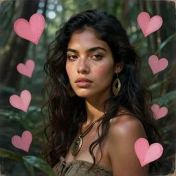 a beautiful portrait of a beautiful woman in the jungle surrounded by pink hearts and love, shamanism, matte painting, fantasy art