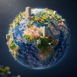 planet earth overtaken by nature, everything is beautiful again, buildings full of flowers and magic, surreal, trending artstation, 8k render, cinematic lightning,