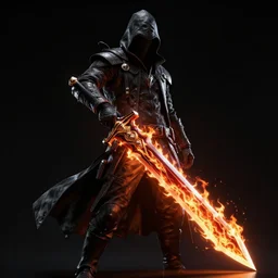 a high powered cloaked assassin character with ultrasharp glossy fire sword. black background. epic character, neon, epic fire effect. 4 k octane render, unreal engine 5 render, hyper realistic, wlop, chebokha, artgerm