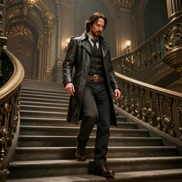 sharp, highly detailed, color film of keanu reeves walking up the stairs in the palace, steampunk, trending on artstation, art by riot games, nice composition, hyper real, photorealistic, octane render
