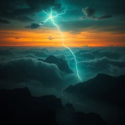 a beautiful digital artwork of a dream planet atmosphere, fog, lightning, dark, volumetric lighting, abyss, asperitas, lightning, sunset, very detailed, cirrus, orange, teal, gold, ultrarealistic