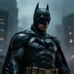 batman the dark knight portrait insanely defined intricate low angle grim powerful mist dark environment city background