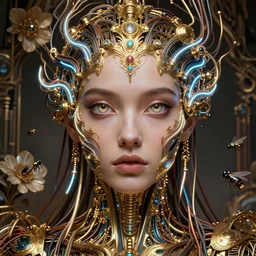 very beautiful woman integrating with technology, full face frontal centered, portrait, insipiring, detailed intricate ornate neon pulsating cables connected to head, enormous very detailed eyes, luxurious detailed abundent wiring and implants, gold, renaissance, sci - fi, detailed technology background with cyber flowers and insects, dramatic lighting, photography, highly detailed, artstation, 8 k,
