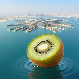 kiwi floating in the dubai palm tree islands