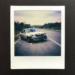 old polaroid of a car crash, corpse on the road