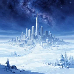 a city in an icy landscape, cosmic sky sci - fi vivid by bruce pennington, greg rutkowski