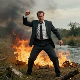 portrait of evil ambitius man in suit setting fire to the wild nature near a river, enjoying the destruction, art by James Gurney , Charlie Immer, Award winning photo, sharp focus, octane render 8k , dramatic lighting, propaganda, trending artstation