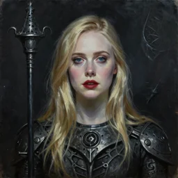 a striking oil painting of Elle Fanning , dark, metal, occult, by Edward Hughes