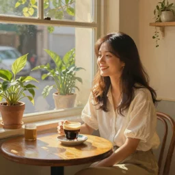 a cozy cute cafe with a window and plants, a young pretty filipino woman sits with an espresso, golden morning light, dramatic light, happy cozy feelings, oil painting trending on artstation