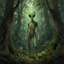 alien, lost in the forest, detailed digital art by greg rutkowski.