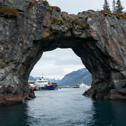 A harbor under huge rock arches in the Yukon, concept art, artstationhq