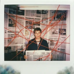 a wall haphazardly covered in newspaper headlines with red yarn crisscrossing all over them chaotically, made by a schizophrenic journalist, polaroid photograph