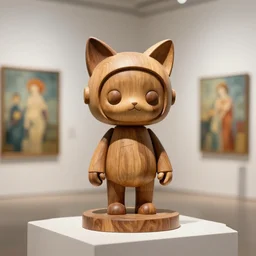 3 d octane render ultra 8 k photorealistic hyperdetailed unreal engine, a wooden sculpture, art toys on a pedestal, a very cute mystical robot of the bohemian with cat's ears in a zen, concept art, trending on cgsociety, artwork masterpiece, in a contemporary art gallery in neo paris by alphonse mucha