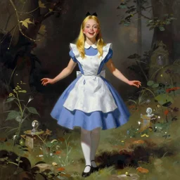 Worksafe. Fully clothed. Alice in Wonderland, she is expressing joy. By Frank Frazetta and Boris Vallejo.