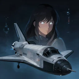 Young woman, somber white eyes, long, gentle lighting, piloting a small space shuttle, futuristic, dim lighting, digital art by Makoto Shinkai ilya kuvshinov and Wojtek Fus, digital art, concept art,