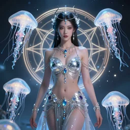 a centered render of an mystical wild goddess with wearing ornate silver and gemstones and crystal clothing surrounded by flowing liquid gallium jellyfish and sacred geometry, perfect body and face, gorgeous, cinematic, beautifully lit, by alberto seveso, by zack snyder, by cory loftis, 3 d, trending on artstation, octane render, 8 k