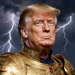 head and shoulders portrait of a knight, donald trump, golden etched armor, lord of the rings, celtic hair braid, eldritch ruby amulet, thunderstorm, by artgerm, alphonse mucha, face detail, sharp focus, high key lighting, vogue fashion photo