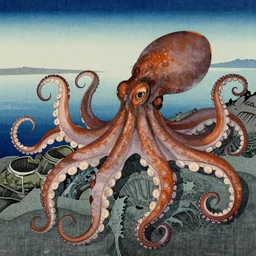 CGI of giant octopus overlayed on ocean ukiyo-e background