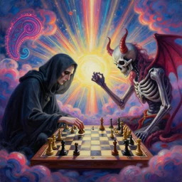 [ style ] [ sharp details ] [ gorgeous oil painting ] [ palate ] [ gothic colors ] lost soul playing chess against death to get into heaven, checkmate the devil, vibrant paisley neon clouds, radiant light rays, symmetrical details, sharp focus, photorealistic painting, award winning painting, volumetric lighting, artstation,