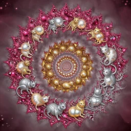 a cat sprouting new cats, l - system, flame fractal, recursive fractal, apophysis av 8 k uhd, palette of ruby, pearl, gold and silver