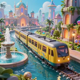 An urban train rides inside of a waterway on a fantasy city, next to a fountain and a mystical palace, illustrated by Greg Rutkowski and Gaston Bussiere, 35mm lens, beautiful macro close-up imagery, vibrantly lush neon lighting, beautiful volumetric-lighting-style atmosphere, a futuristic atmosphere, intricate, detailed, photorealistic imagery, trending on artstation, 4k, 8k