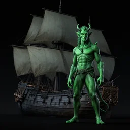 black night, a green half - demon stands beside his wrecked full sail fifteenth century carrack at the bottom of a dried - up lake in an ivory desert, evangelion, kyoto animation still, intricately detailed features, digital painting, yoshiyuki sadamoto