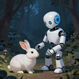 ai robot playing with a rabbit at night woods, trending on artstation, 50mm, by Noah Bradley