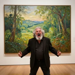 epic photo of old!!!!!!!!!!!!!!!!!!! bold bob ross in a gallery frustrated and angry and yelling!!!!!!!!!!!!!!! at a huge painting of nature!!!!!!!!!! by bob ross, grey hairs, masterpiece, trending on artstation