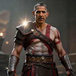 barrack obama as kratos in god of war, movie still, cinematic lighting, ray tracing, octane render, long lens, shallow depth of field, bokeh, anamorphic lens flare, 8 k, hyper detailed, 3 5 mm film grain