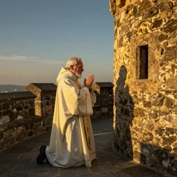 An old catholic priest kneeled in passionate prayer at the summit of a tall medieval tower. His face is bathed in ominous yellow light. High angle, 4K photograph