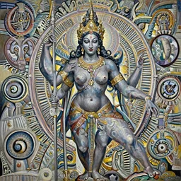 A cinematic full-length portrait of the colossal Hindu demon princess, by Wayne Barlowe, by Sandro Botticelli, by Paul Lehr, by Bruce Pennington, by HR Giger, oil on canvas, masterpiece, trending on artstation, featured on pixiv, cinematic composition, dramatic pose, beautiful lighting, sharp, details, details, hyper-detailed, no frames, 8K