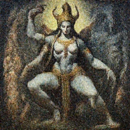 A cinematic full-length portrait of the colossal Hindu demon princess, by Wayne Barlowe, by Sandro Botticelli, by Paul Lehr, by Bruce Pennington, by HR Giger, oil on canvas, masterpiece, trending on artstation, featured on pixiv, cinematic composition, dramatic pose, beautiful lighting, sharp, details, details, hyper-detailed, no frames, 8K