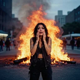 Cinestill 50d candid photography of a city on fire, extreme wide shot of a poor techwear mixed woman wearing thick mascara and dark glitter makeup crying outside of a city on fire, tattoos, extreme long shot, full shot, blurry, 4k, 8k, hd, full color