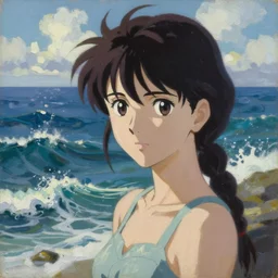 Classical oil painting of the ocean waves, beautiful portrait, official anime artwork, stylistic, brush strokes, oil, canvas, by James Gilleard