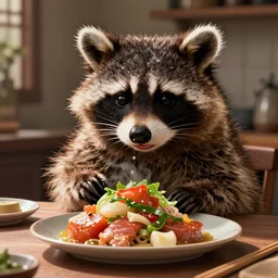 “digital concept art for a Ratatouille sequel set in japan with a raccoon cooking delicious food”