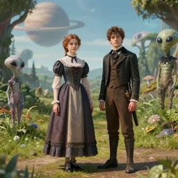 a girl and a boy standing in a park on a alien planet, next to some alien plants, wearing victorian clothes, photorealistic raytracing