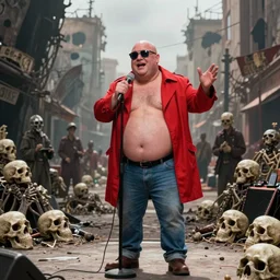 cinematic scene of a fat bald comedian wearing sunglasses in red coat and blue jeans performing comedy show on dead bodies and skulls in streets of an apocalyptic metropolis destroyed after war, fantasy art, dramatic lighting, insane details