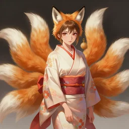 An beautiful digital painting of a beautiful lady with fox ears and nine tails wearing a kimono, by Stanley Artgerm Lau, WLOP, Rossdraws, James Jean, Andrei Riabovitchev, Marc Simonetti, and Sakimichan, tranding on artstation, SFW version