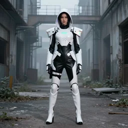 beautiful fashion model with white sci - fi tactical gear, black leather garment, hologram sci - fi hood, full shot fashion photography, misty alleyway, abandoned factory, battle ready, acid color light, by irving penn and storm thorgerson, ren heng, peter elson